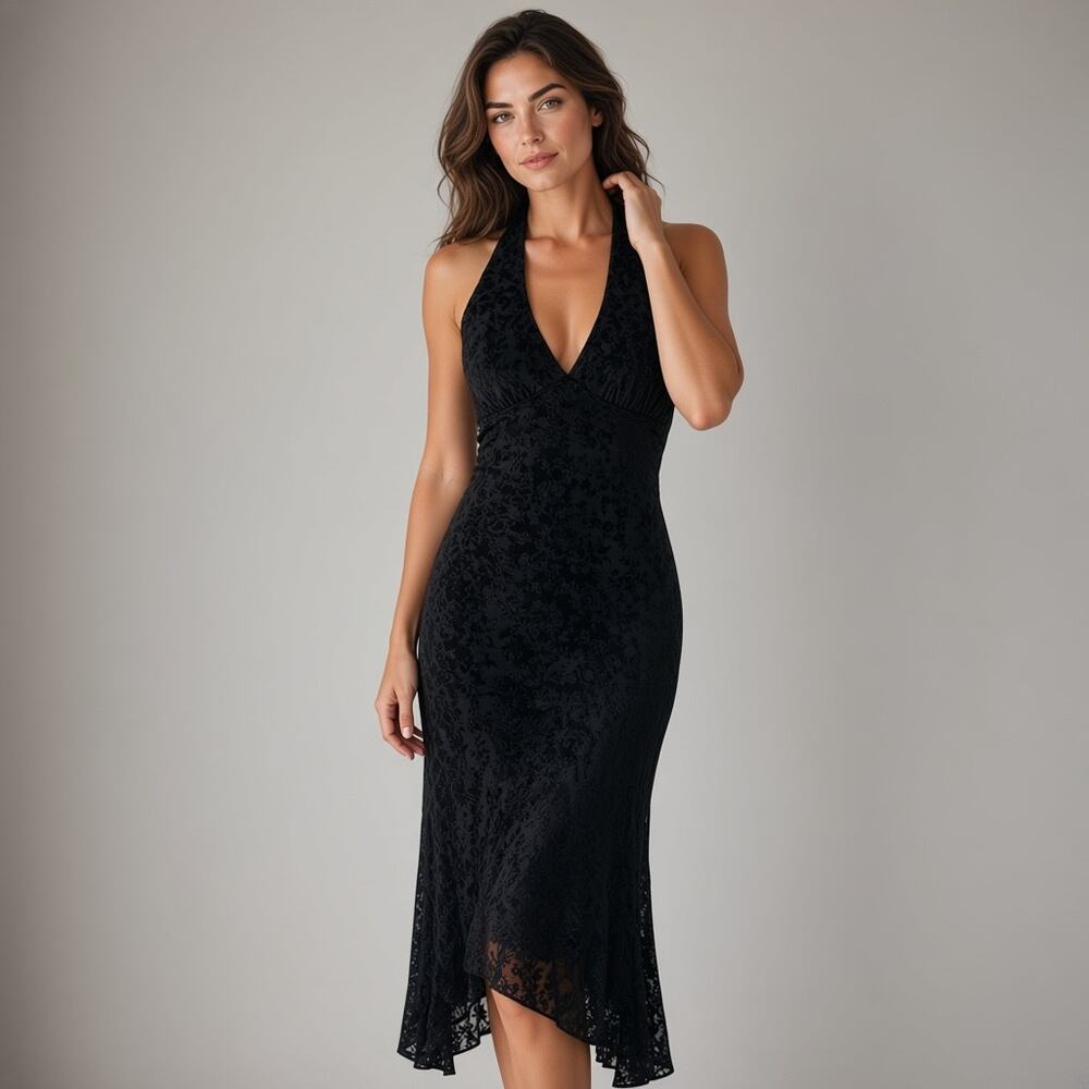 VTG WET SEAL Y2K Burnout Velvet Halter Midi Dress M Whimsygoth Formal Goth